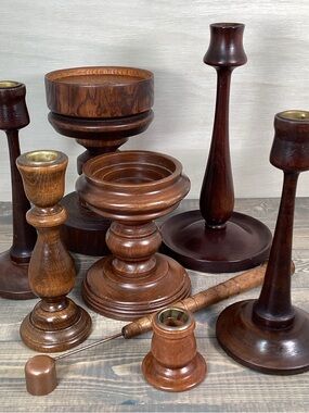 Vintage Lot 7 Wood Candlesticks & Spool Bobbin Candle Snuffer